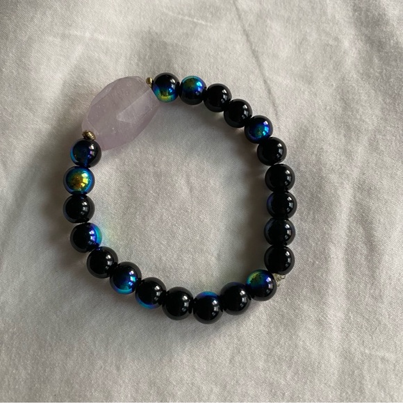 Black and Iridescent Beaded Bracelet Handmade Stretchy Crystal Pink Rose Quartz - Picture 2 of 7